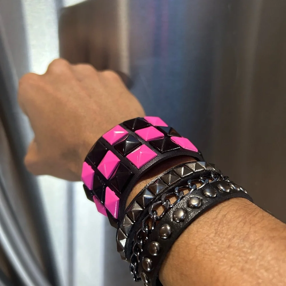My Valentines Pack 2 PCs Pink and Black faux leather Gothic studded Chain Punk - Picture 4 of 8